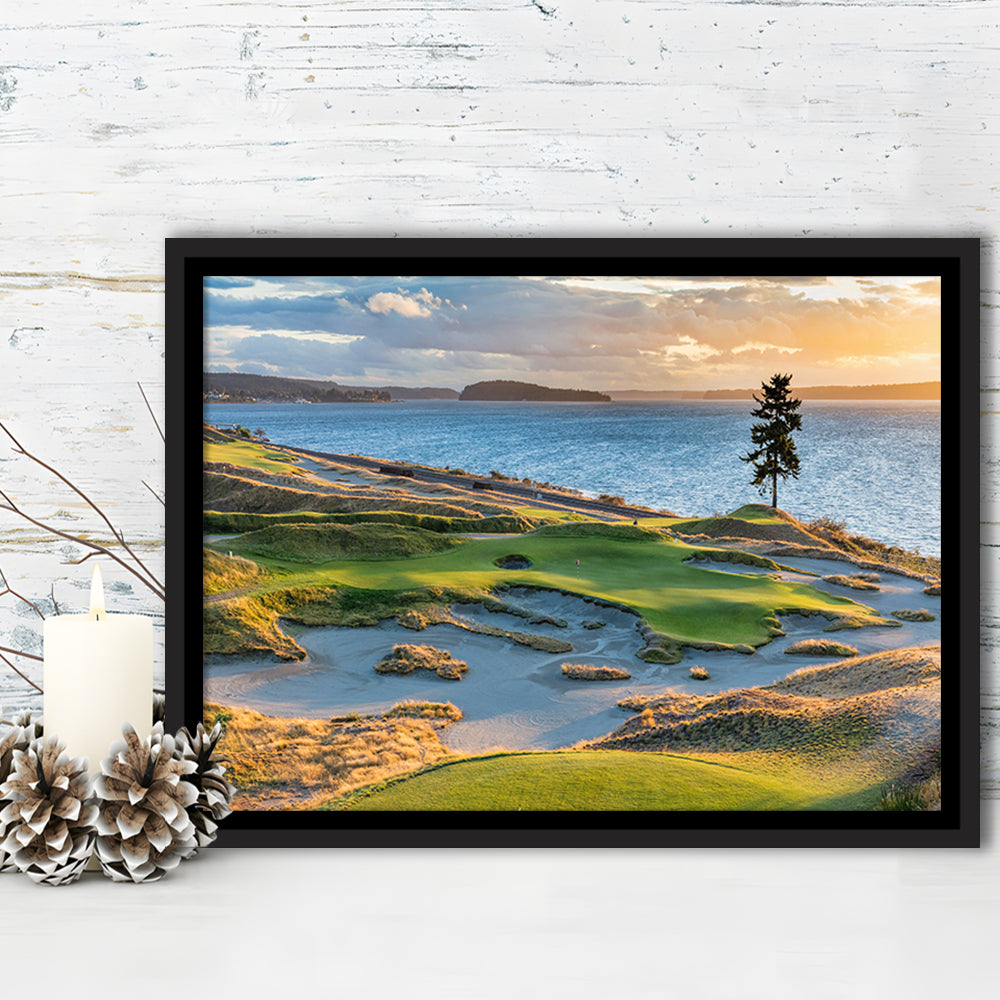 Chambers Bay Golf Course, Hole 15 in Sunset Fine Art, Floating Framed Canvas Print Wall Art