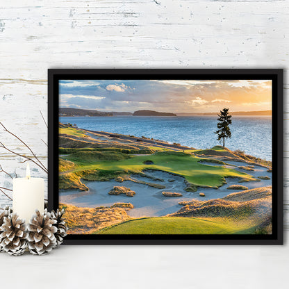 Chambers Bay Golf Course, Hole 15 in Sunset Fine Art, Floating Framed Canvas Print Wall Art