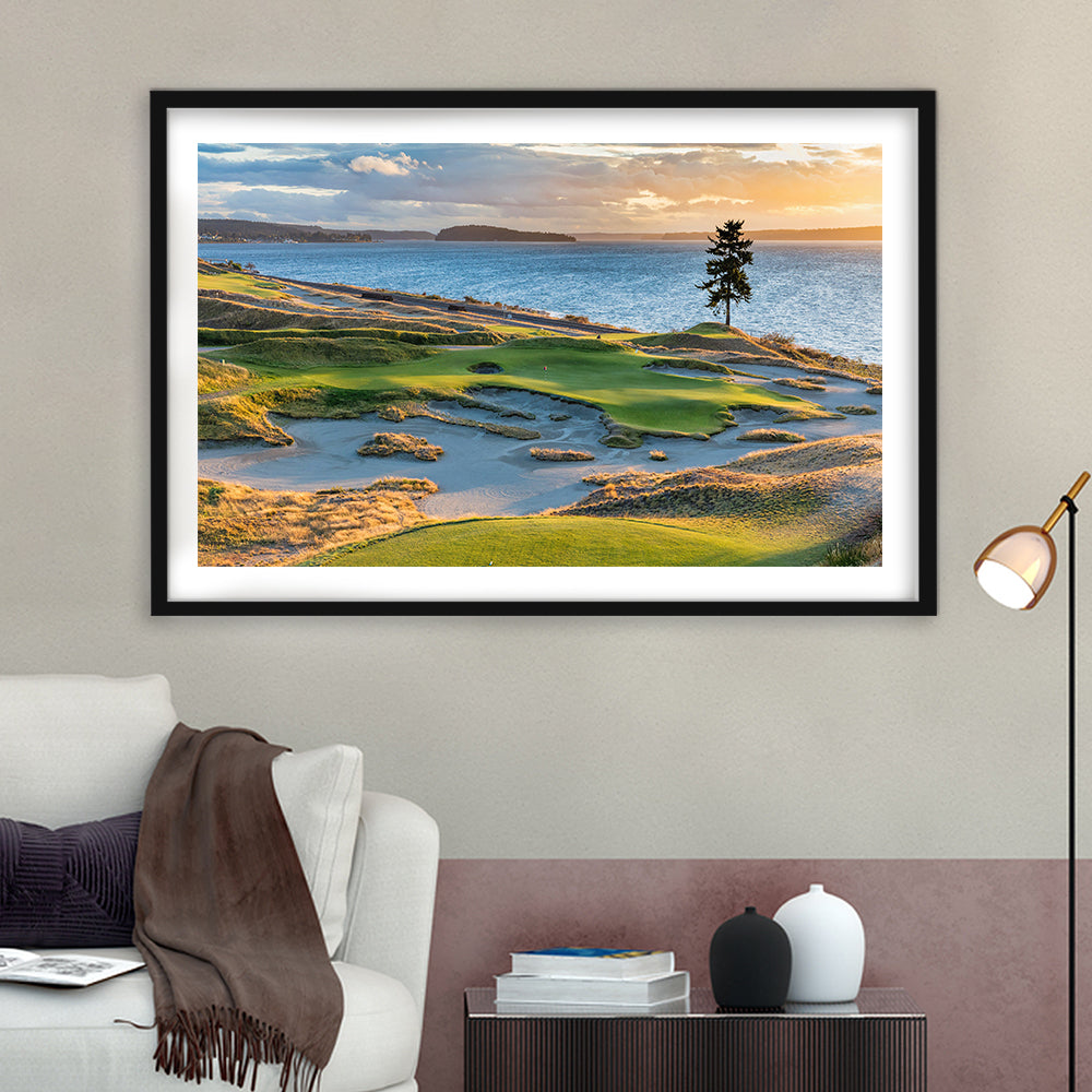 Chambers Bay Golf Course, Hole 15 in Sunset Fine Art, Goft Art Print, Framed Art Print White Border Wall Decor