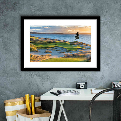 Chambers Bay Golf Course, Hole 15 in Sunset Fine Art, Goft Art Print, Framed Art Print White Border Wall Decor
