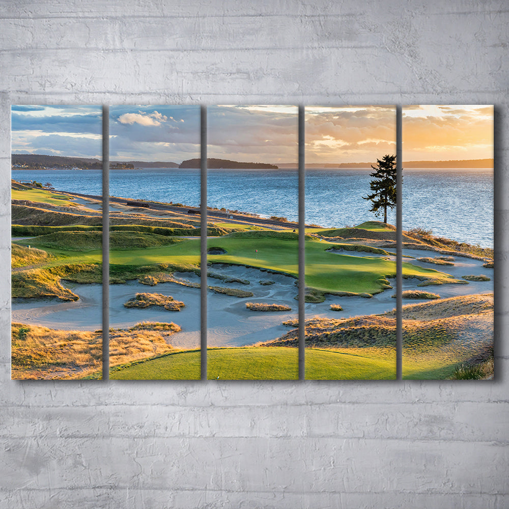 Chambers Bay Golf Course, Hole 15 in Sunset Fine Art, Golf Art Print, Extra Large Canvas Print Wall Art