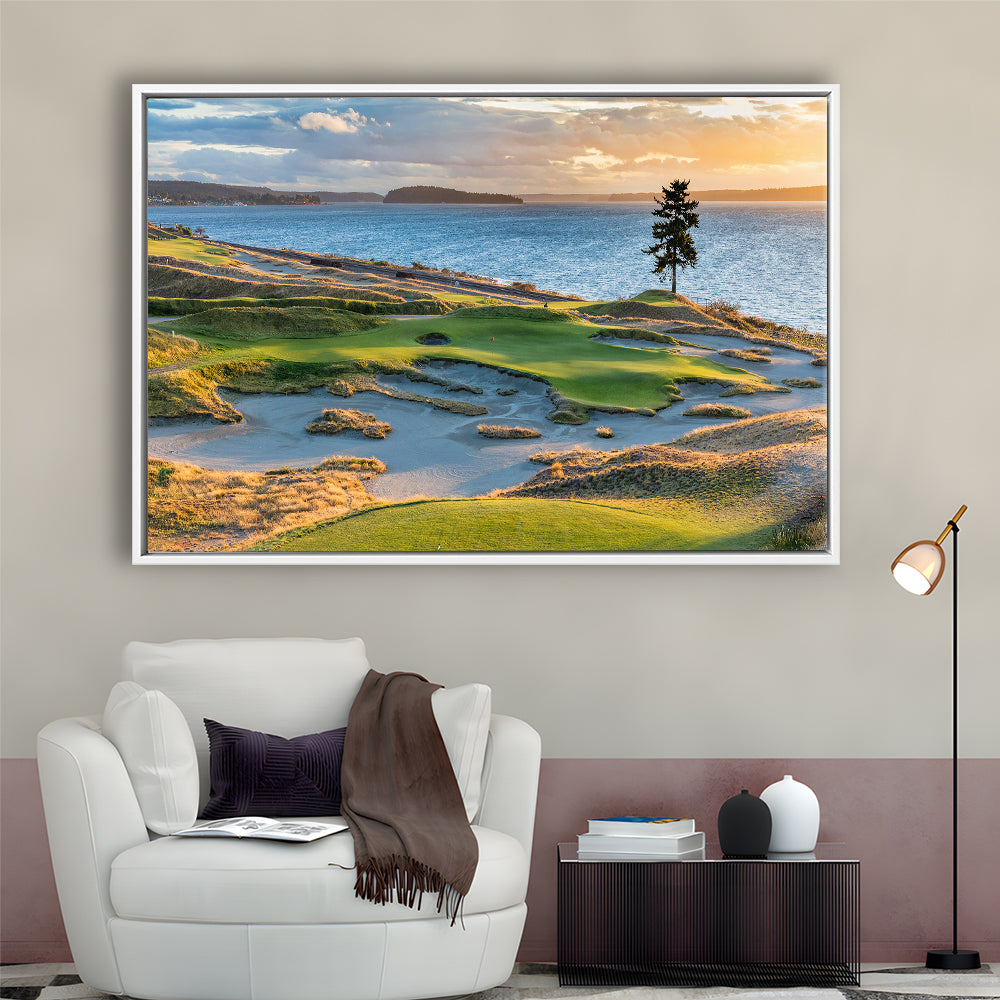 Chambers Bay Golf Course, Hole 15 in Sunset Fine Art, Floating Framed Canvas Print Wall Art