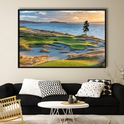 Chambers Bay Golf Course, Hole 15 in Sunset Fine Art, Floating Framed Canvas Print Wall Art