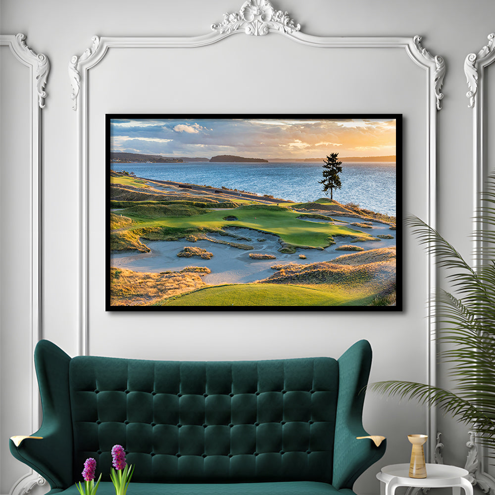 Chambers Bay Golf Course, Hole 15 in Sunset Fine Art, Framed Art Print Wall Decor, Picture Framed