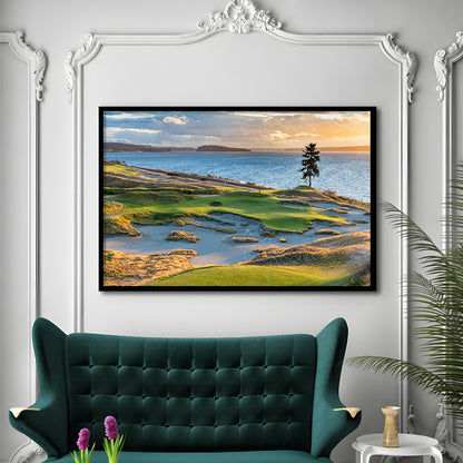 Chambers Bay Golf Course, Hole 15 in Sunset Fine Art, Framed Art Print Wall Decor, Picture Framed