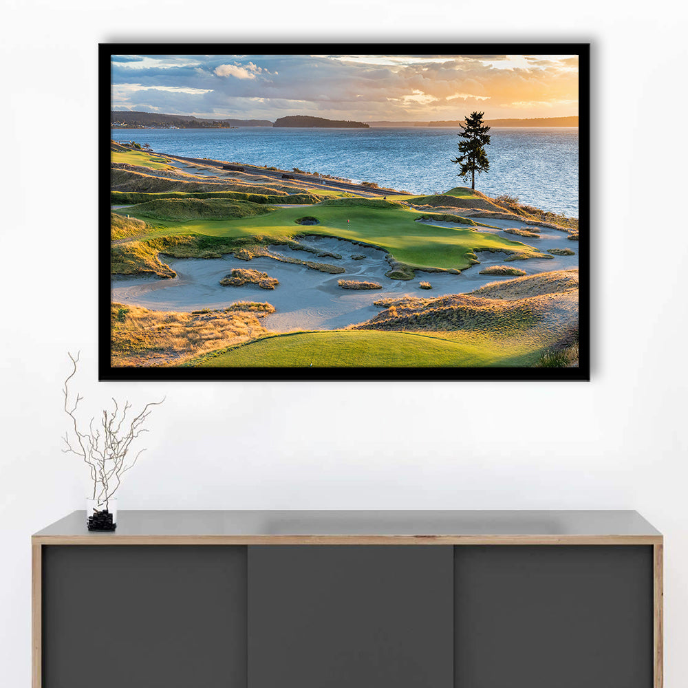 Chambers Bay Golf Course, Hole 15 in Sunset Fine Art, Framed Art Print Wall Decor, Picture Framed