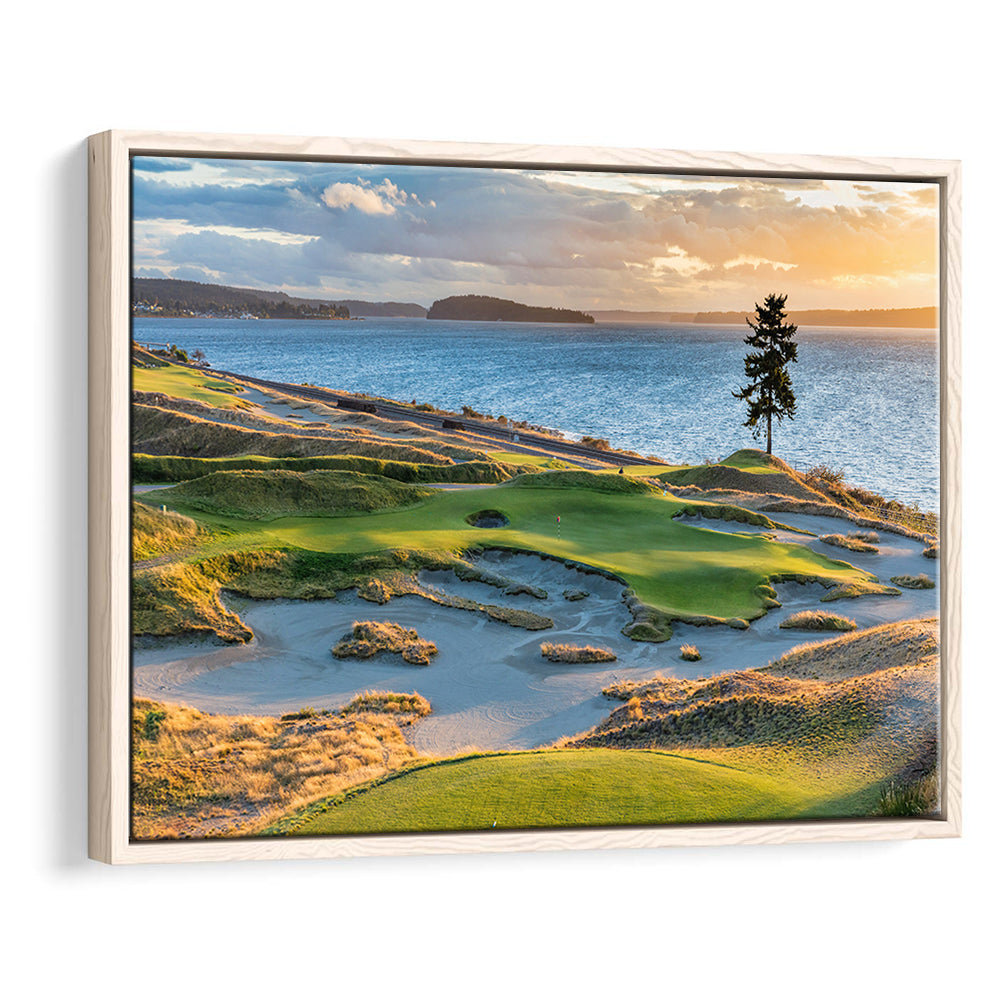 Chambers Bay Golf Course, Hole 15 in Sunset Fine Art, Floating Framed Canvas Print Wall Art