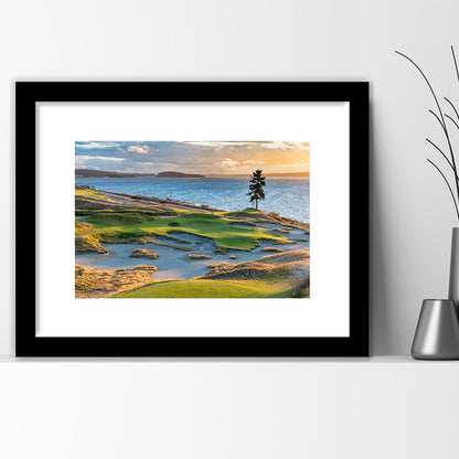 Chambers Bay Golf Course, Hole 15 in Sunset Fine Art, Goft Art Print, Framed Art Print White Border Wall Decor