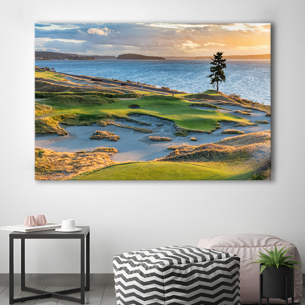 Chambers Bay Golf Course, Hole 15 in Sunset Fine Art, Golf Art Print,Gifts Golf Lover