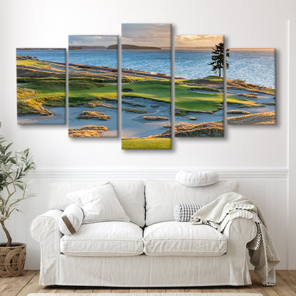 Chambers Bay Golf Course, Hole 15 in Sunset Fine Art, Golf Art Print, 5 Pieces Mixed Canvas Print Wall Art