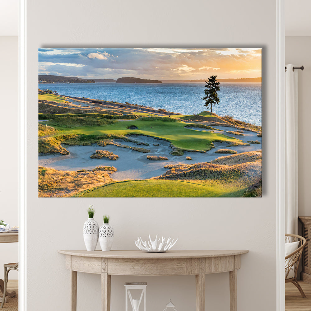 Chambers Bay Golf Course, Hole 15 in Sunset Fine Art, Golf Art Print,Gifts Golf Lover
