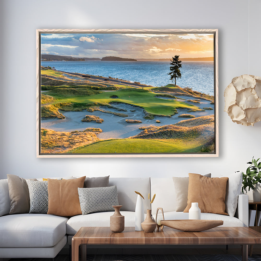 Chambers Bay Golf Course, Hole 15 in Sunset Fine Art, Floating Framed Canvas Print Wall Art