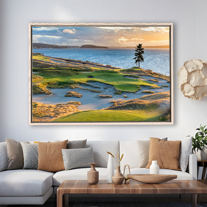 Chambers Bay Golf Course, Hole 15 in Sunset Fine Art, Floating Framed Canvas Print Wall Art