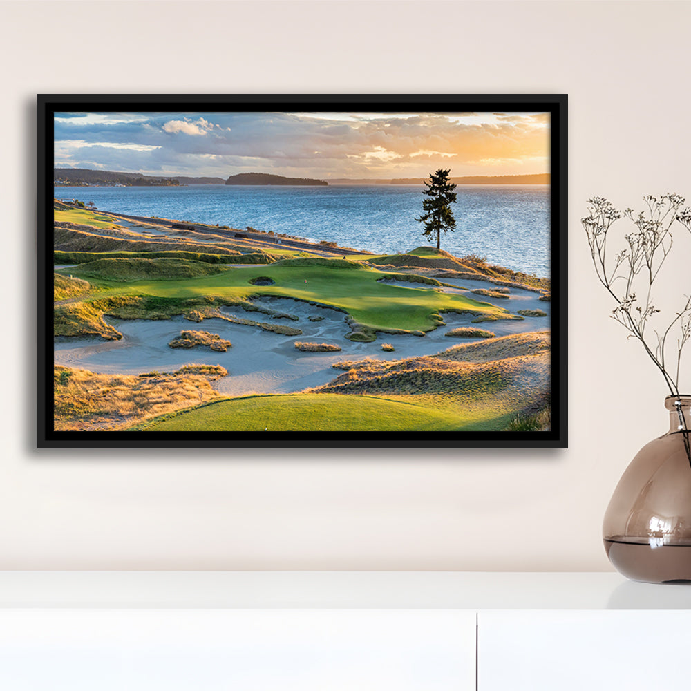 Chambers Bay Golf Course, Hole 15 in Sunset Fine Art, Floating Framed Canvas Print Wall Art