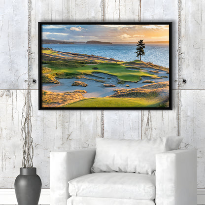 Chambers Bay Golf Course, Hole 15 in Sunset Fine Art, Floating Framed Canvas Print Wall Art
