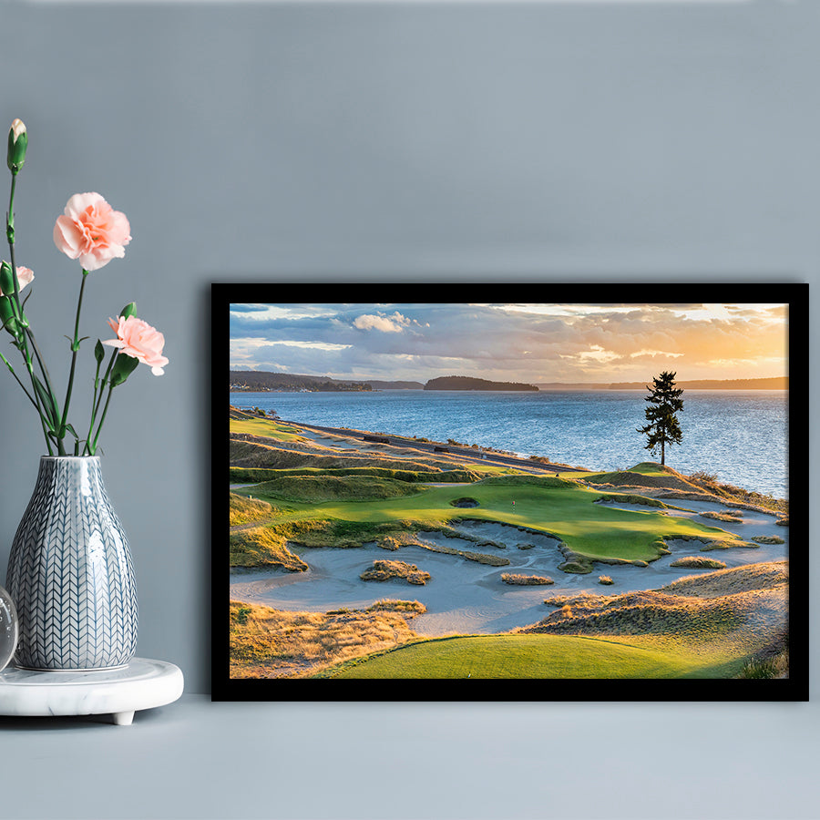 Chambers Bay Golf Course, Hole 15 in Sunset Fine Art, Framed Art Print Wall Decor, Picture Framed