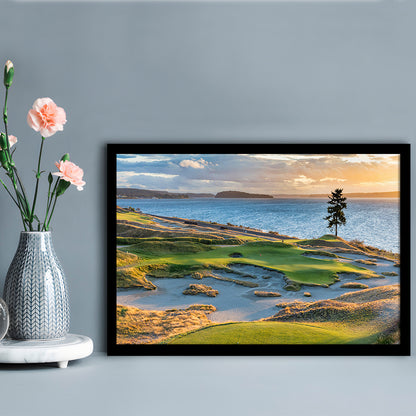 Chambers Bay Golf Course, Hole 15 in Sunset Fine Art, Framed Art Print Wall Decor, Picture Framed