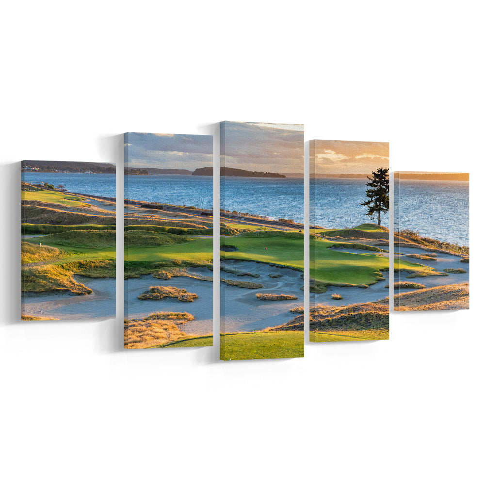 Chambers Bay Golf Course, Hole 15 in Sunset Fine Art, Golf Art Print, 5 Pieces Mixed Canvas Print Wall Art