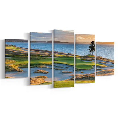 Chambers Bay Golf Course, Hole 15 in Sunset Fine Art, Golf Art Print, 5 Pieces Mixed Canvas Print Wall Art