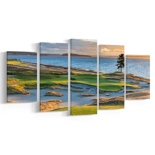 Chambers Bay Golf Course, Hole 15 in Sunset Fine Art, Golf Art Print, 5 Pieces Mixed Canvas Print Wall Art