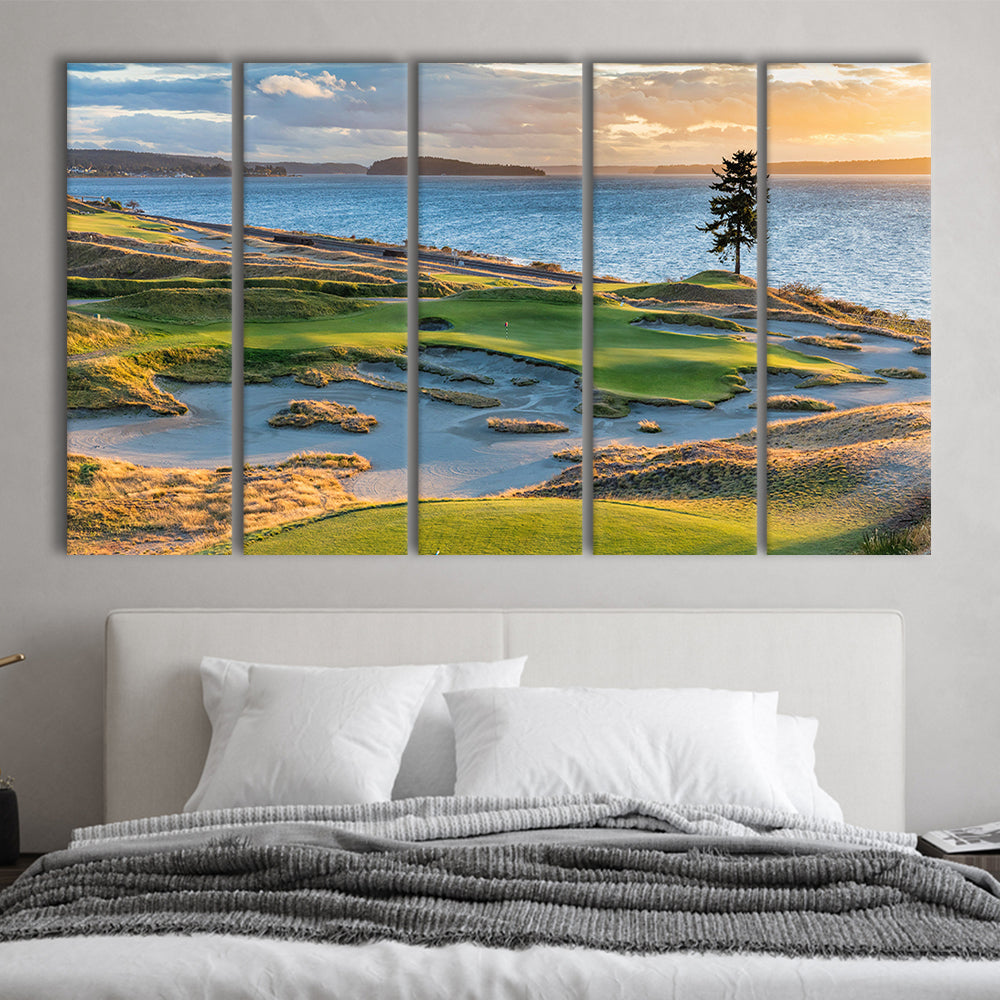 Chambers Bay Golf Course, Hole 15 in Sunset Fine Art, Golf Art Print, Extra Large Canvas Print Wall Art