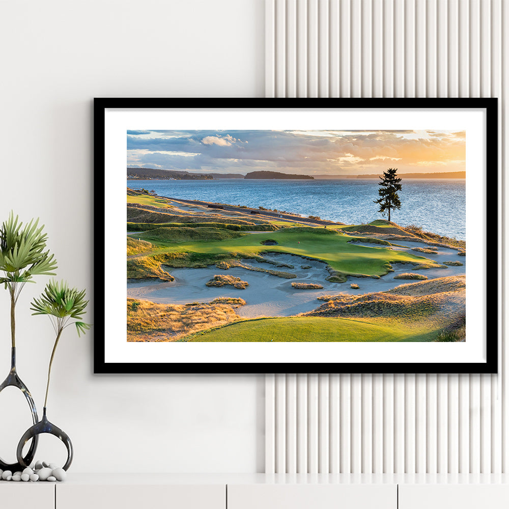 Chambers Bay Golf Course, Hole 15 in Sunset Fine Art, Goft Art Print, Framed Art Print White Border Wall Decor