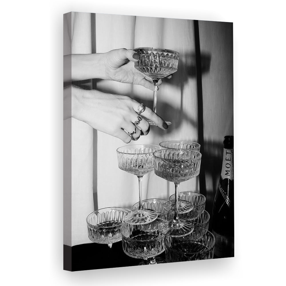 Champagne Glasses Wall Print, Black and White Art, Cocktail Canvas Print Wall Art, Retro Photography, Bar Wall Decor