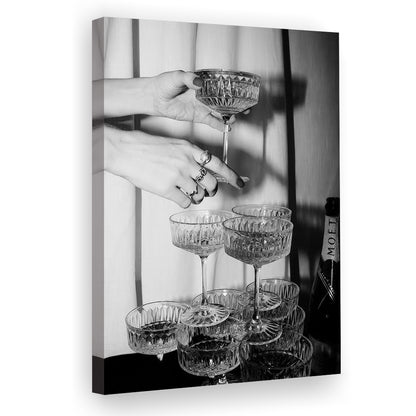Champagne Glasses Wall Print, Black and White Art, Cocktail Canvas Print Wall Art, Retro Photography, Bar Wall Decor