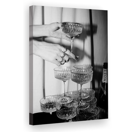 Champagne Glasses Wall Print, Black and White Art, Cocktail Canvas Print Wall Art, Retro Photography, Bar Wall Decor