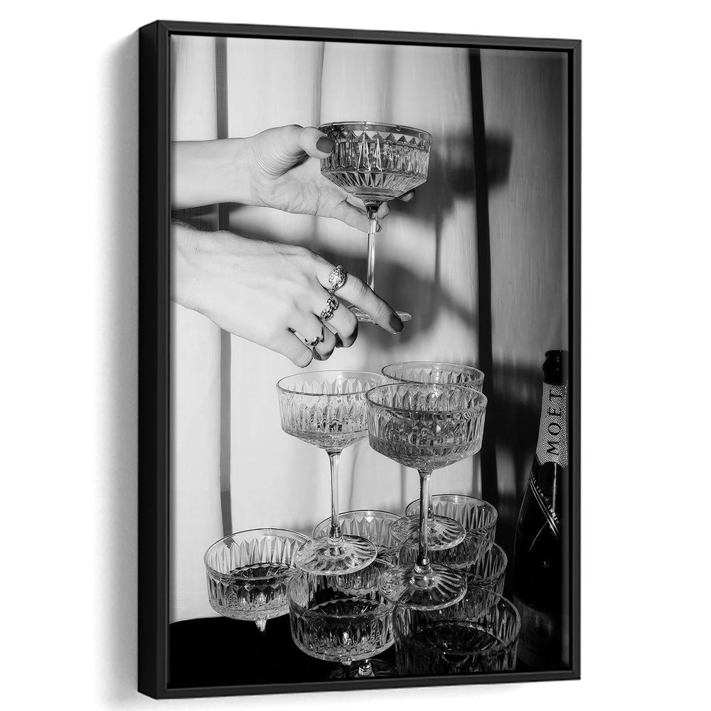 Champagne Glasses Wall Print, Black and White Art, Cocktail Framed Canvas Print Wall Art, Bar Wall Decor