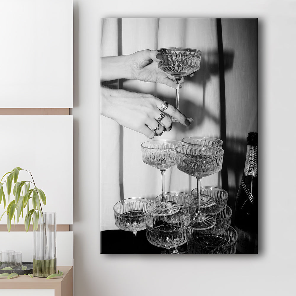 Champagne Glasses Wall Print, Black and White Art, Cocktail Canvas Print Wall Art, Retro Photography, Bar Wall Decor