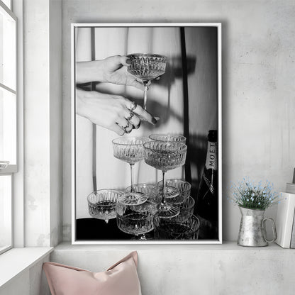 Champagne Glasses Wall Print, Black and White Art, Cocktail Framed Canvas Print Wall Art, Bar Wall Decor