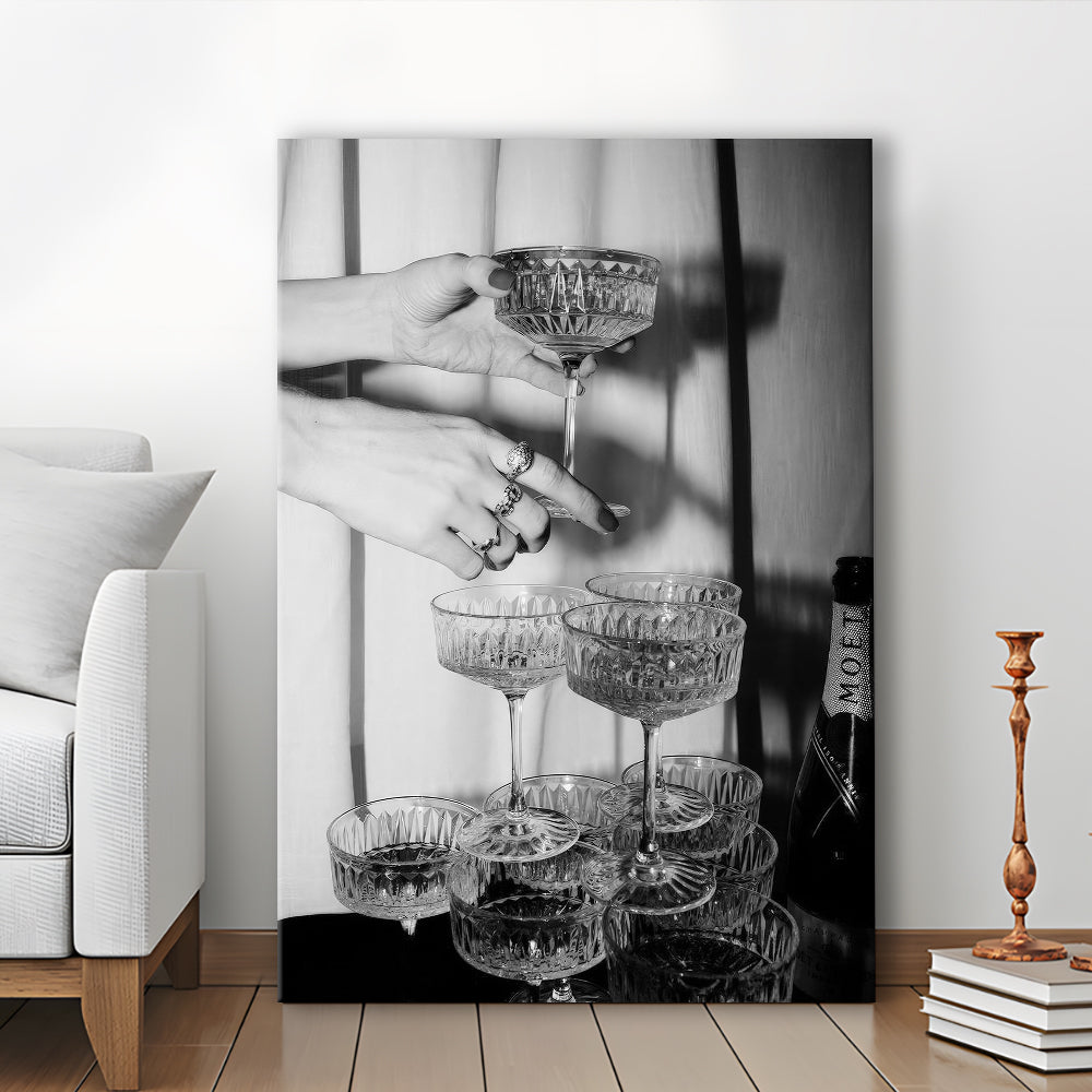 Champagne Glasses Wall Print, Black and White Art, Cocktail Canvas Print Wall Art, Retro Photography, Bar Wall Decor