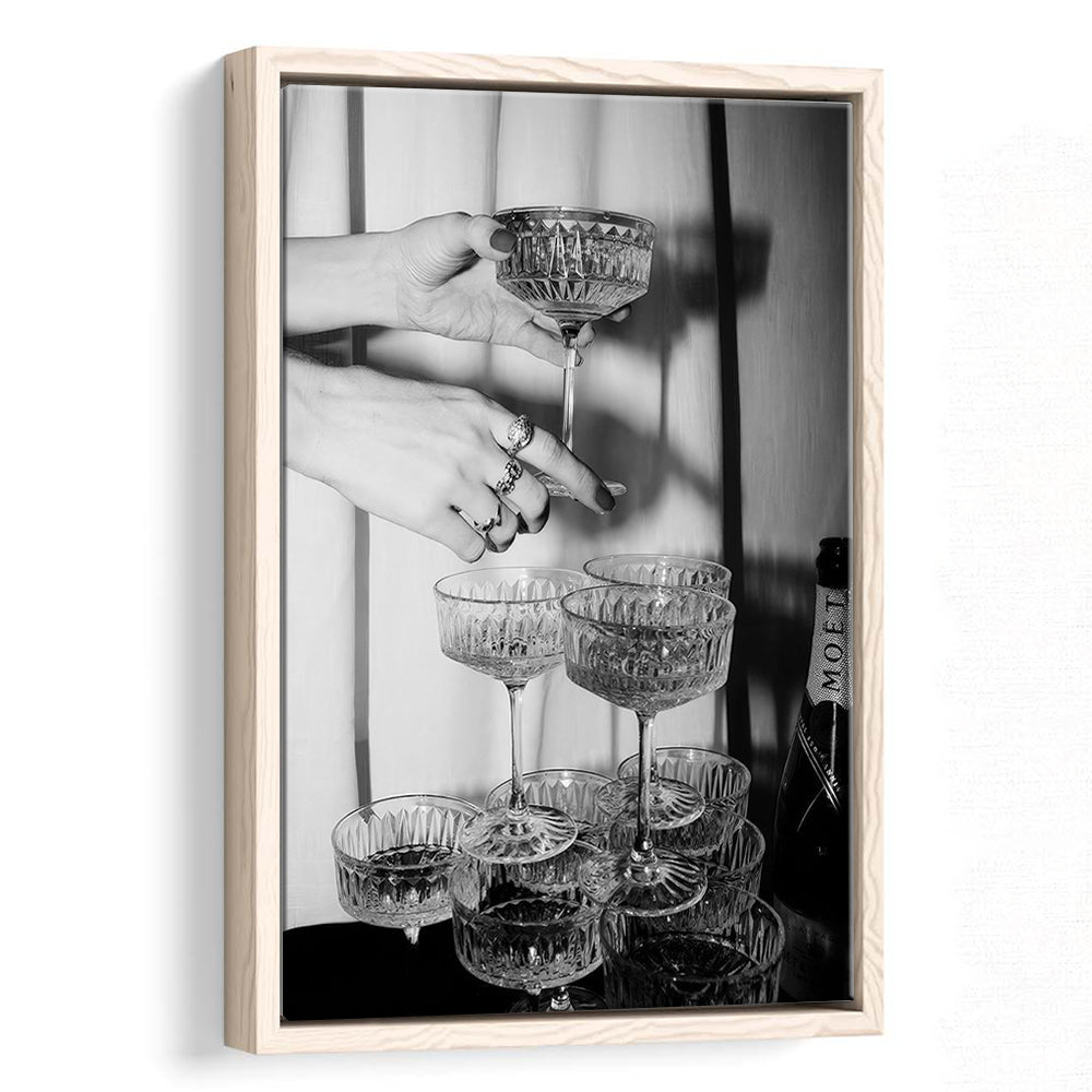 Champagne Glasses Wall Print, Black and White Art, Cocktail Framed Canvas Print Wall Art, Bar Wall Decor
