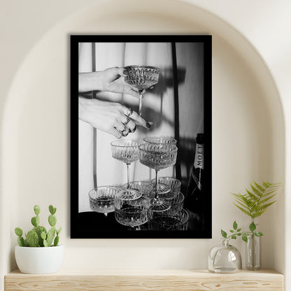 Champagne Glasses Wall Print, Black and White Art, Cocktail Framed Art Print Wall Decor, Bar Wall Decor