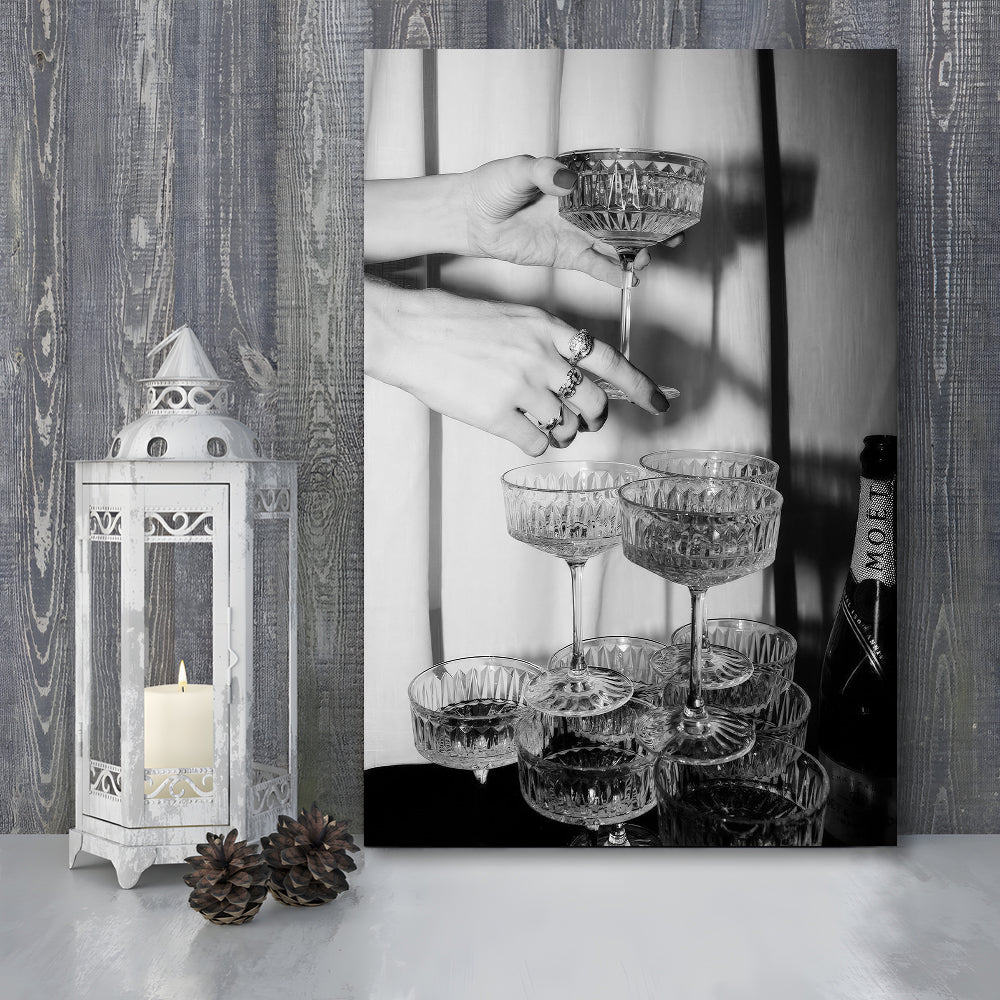 Champagne Glasses Wall Print, Black and White Art, Cocktail Canvas Print Wall Art, Retro Photography, Bar Wall Decor