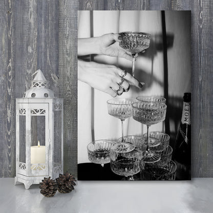 Champagne Glasses Wall Print, Black and White Art, Cocktail Canvas Print Wall Art, Retro Photography, Bar Wall Decor
