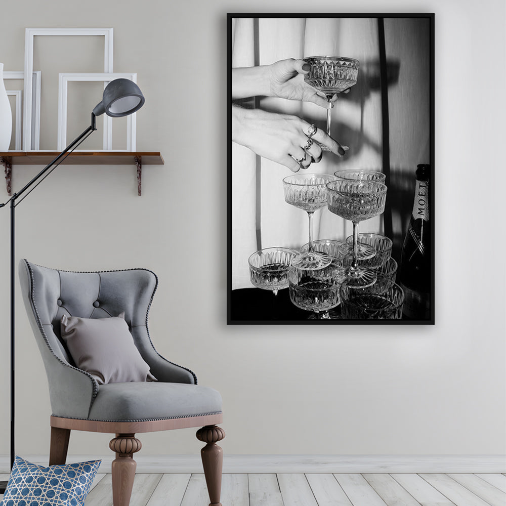 Champagne Glasses Wall Print, Black and White Art, Cocktail Framed Canvas Print Wall Art, Bar Wall Decor