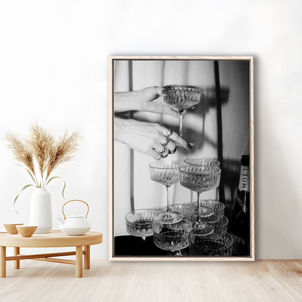 Champagne Glasses Wall Print, Black and White Art, Cocktail Framed Canvas Print Wall Art, Bar Wall Decor