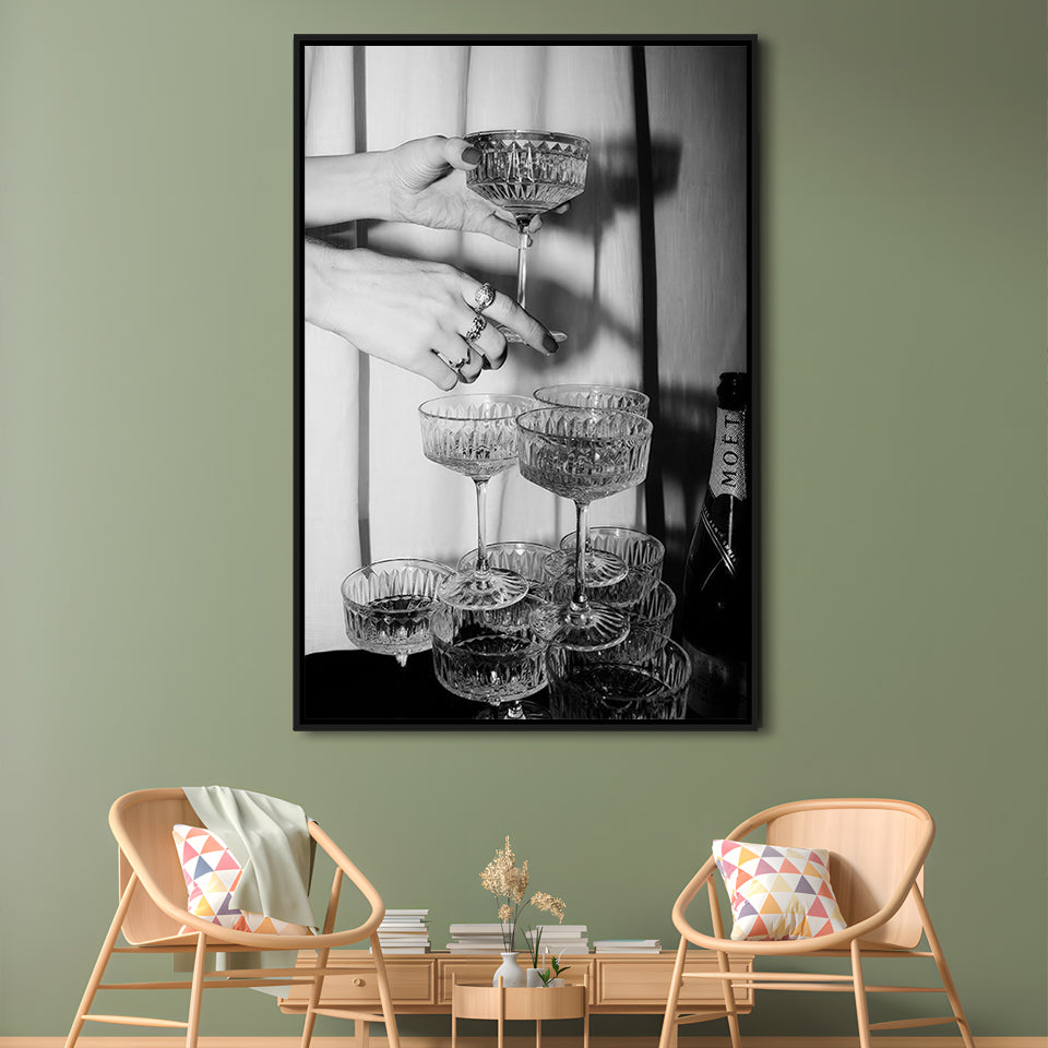 Champagne Glasses Wall Print, Black and White Art, Cocktail Framed Canvas Print Wall Art, Bar Wall Decor