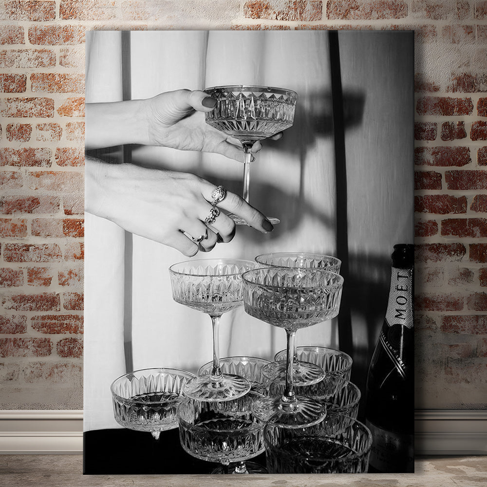 Champagne Glasses Wall Print, Black and White Art, Cocktail Canvas Print Wall Art, Retro Photography, Bar Wall Decor