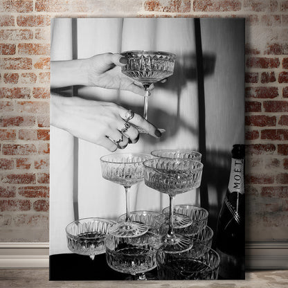 Champagne Glasses Wall Print, Black and White Art, Cocktail Canvas Print Wall Art, Retro Photography, Bar Wall Decor