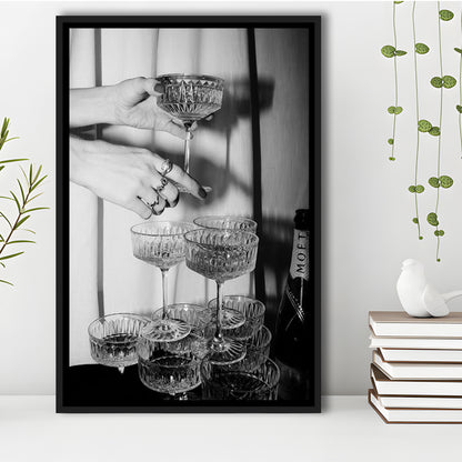 Champagne Glasses Wall Print, Black and White Art, Cocktail Framed Canvas Print Wall Art, Bar Wall Decor