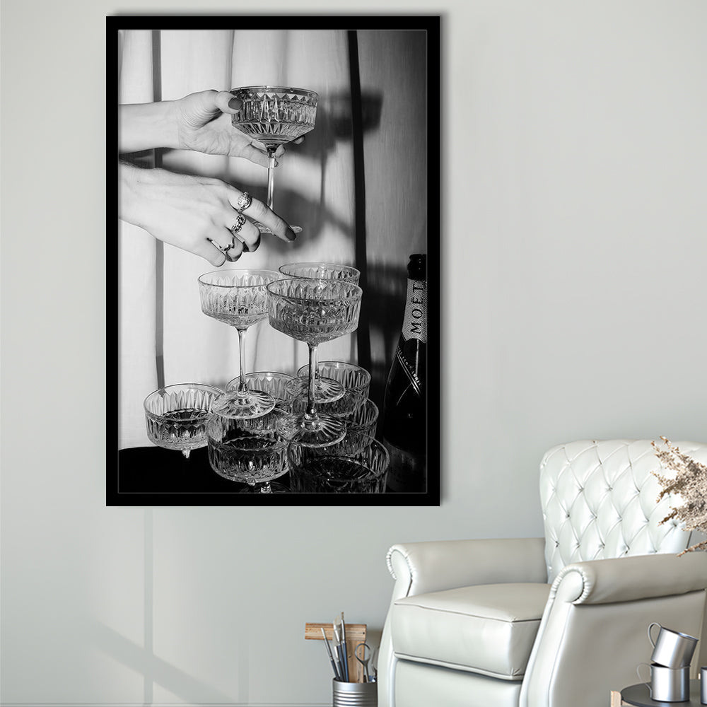 Champagne Glasses Wall Print, Black and White Art, Cocktail Framed Art Print Wall Decor, Bar Wall Decor