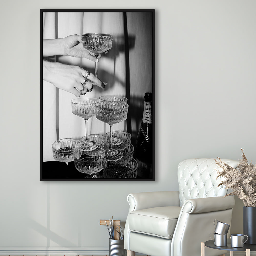 Champagne Glasses Wall Print, Black and White Art, Cocktail Framed Canvas Print Wall Art, Bar Wall Decor