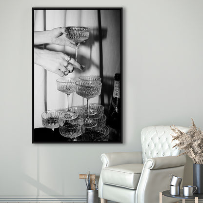 Champagne Glasses Wall Print, Black and White Art, Cocktail Framed Canvas Print Wall Art, Bar Wall Decor
