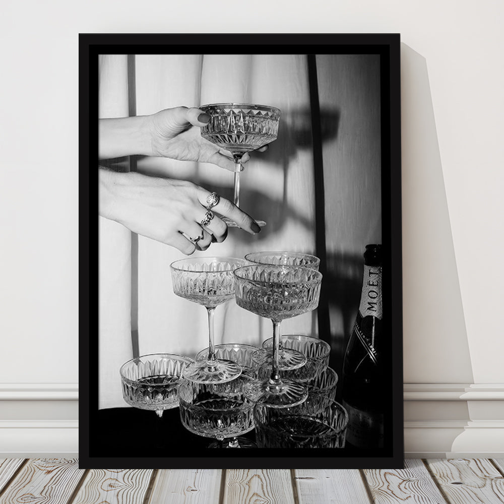 Champagne Glasses Wall Print, Black and White Art, Cocktail Framed Canvas Print Wall Art, Bar Wall Decor