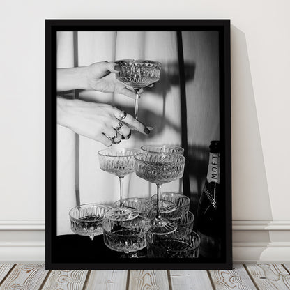 Champagne Glasses Wall Print, Black and White Art, Cocktail Framed Canvas Print Wall Art, Bar Wall Decor