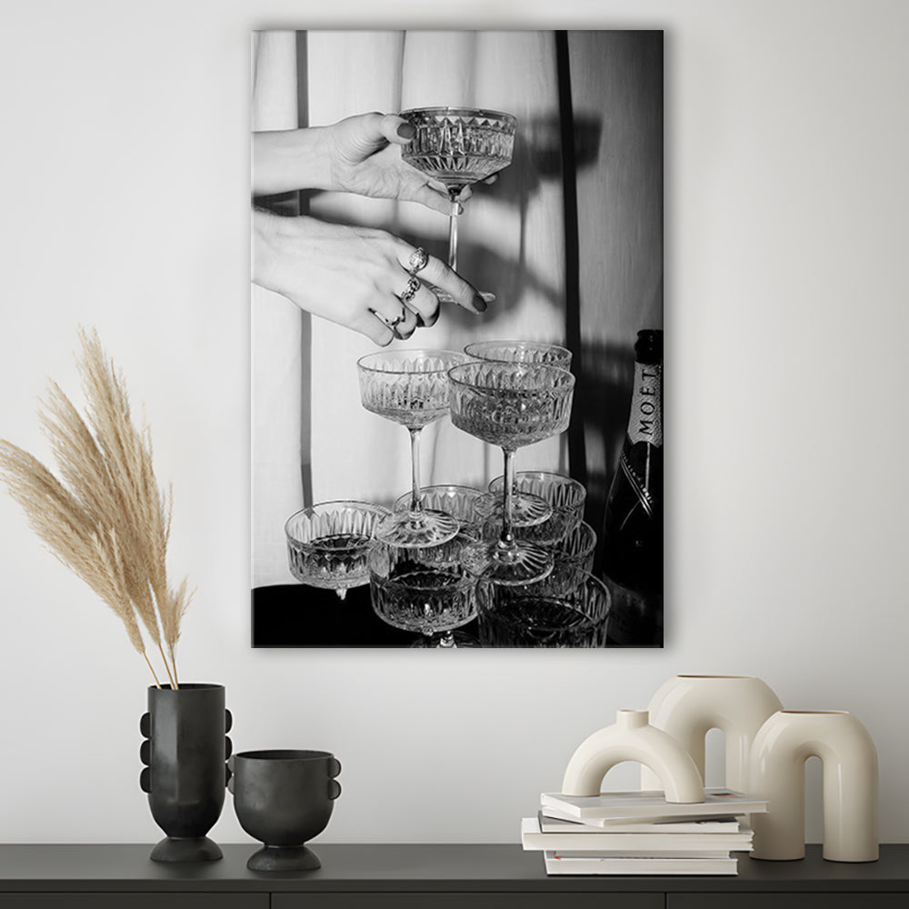 Champagne Glasses Wall Print, Black and White Art, Cocktail Canvas Print Wall Art, Retro Photography, Bar Wall Decor