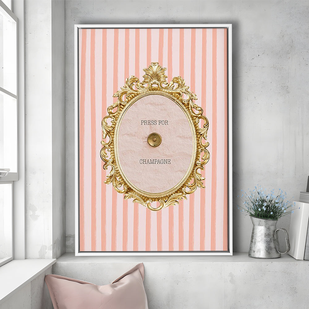 Champagne Wall Art Print, Pink Striped, Floating Framed Canvas Art Print,, Framed Canvas Prints Wall Art